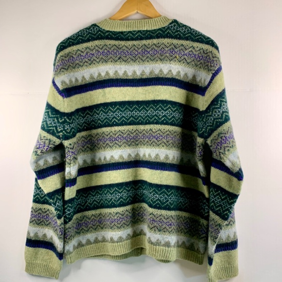 Vintage Green striped Nordic/fair isle wool button up sweater cardigan cabincore - Picture 4 of 9